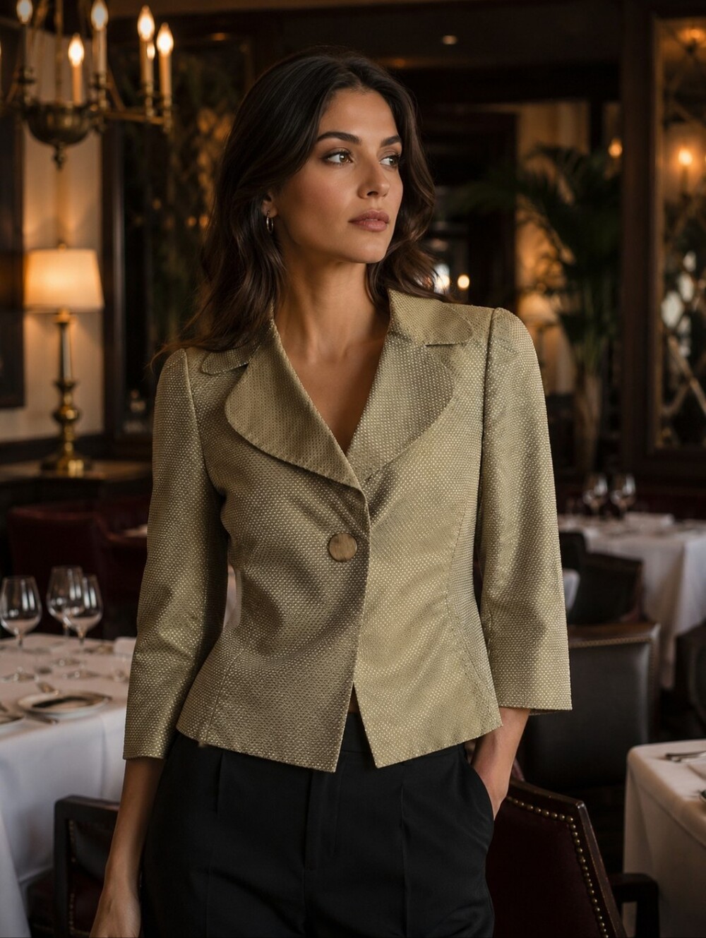 Armani Collezioni Gold Textured Single-Button Blazer 100% Silk Size 6